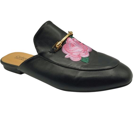 Catherine Maladrino Pika Horse bit Blck Vegan Embroidered Pink Rose Mules Sz 8.5 - Picture 1 of 10